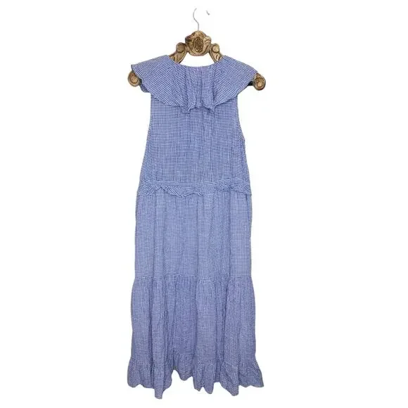 Bird of Paradis Dress Blue White Cotton Gingham Ruffle Midi Pockets Waist Tie S